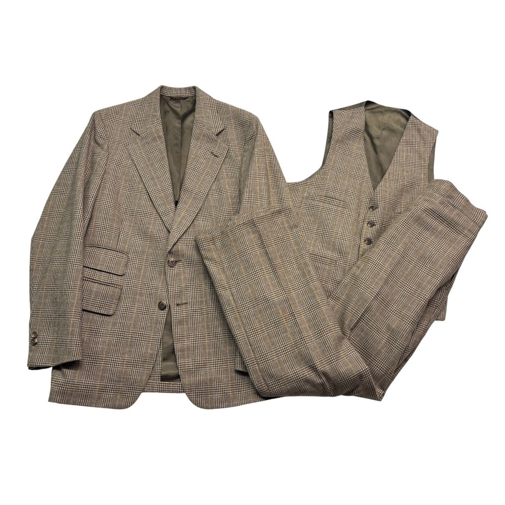 vtg 70s Palm Beach 38R 30x32 Brown Glen Plaid 3pc Tweed Pant Suit Wool USA Retro